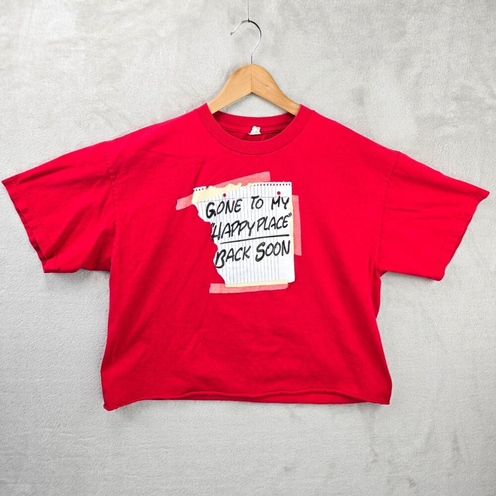 Vintage Gone To My Happy Place Back Soon Cropped Shirt Large Red Funny Joke Y2K